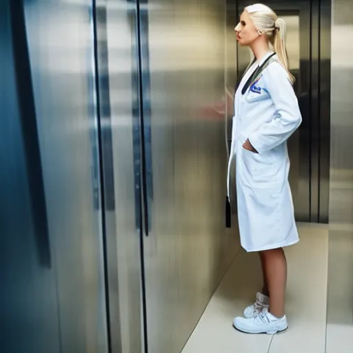 Image similar to full body profile of cute female nurse, blond hair. ponytail, white coat, in an elevator, elizabeth messina