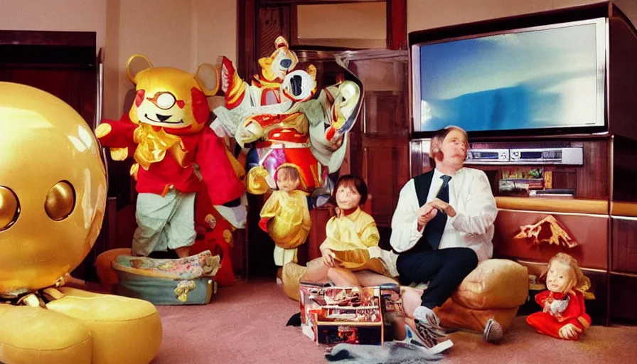 Prompt: 1990s candid 35mm photo of a beautiful day in the family living room, cinematic lighting, cinematic look, golden hour, a very large, oversized Japanese magical costumed luxury toy salesman mascot is teleporting out of the TV and aggressively selling the family and kids luxury toys by force, the costumed salesman is a very large giant, he has fancy decorations on his costume, there is a big luxury toy in the living room with the family, UHD