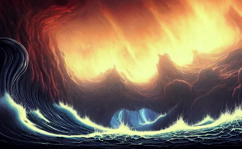 Image similar to beautiful digital fantasy illustration of a demon holding a staff!!, hellish background, a giant wave in the sky, apocalypse art!!!!, apocalypse landscape!!!!!, lovecraftian!!, cosmic horror!!!, concept art by Jarosław Jaśnikowski, a detailed matte painting by Dan Luvisi, cgsociety, fantasy art, highly detailed, soft lighting, rendered in octane, masterpiece, very very very aesthetic