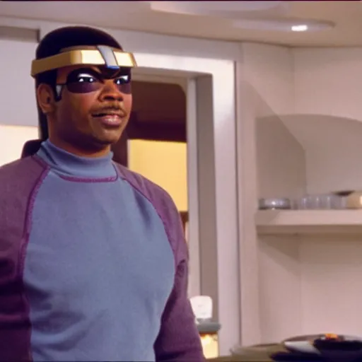 Image similar to Geordi LaForge wearing visor and a colander and random kitchen tools on his head