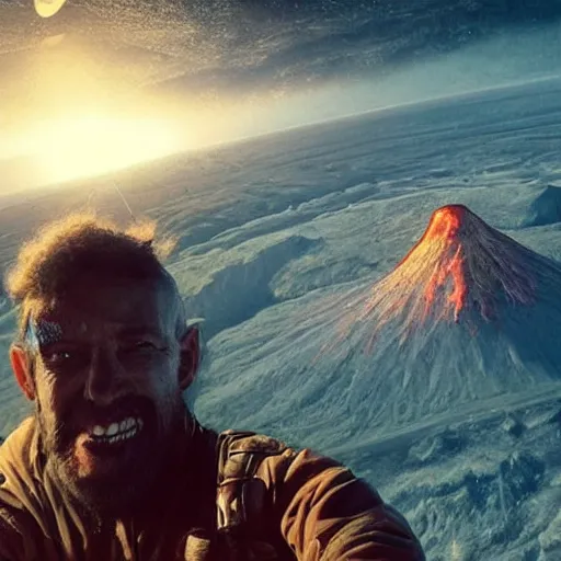 Image similar to the last selfie taken by an alien! in an apocalypse volcano in the background hd cinematic epic 8 k concept art by greg rutkowski