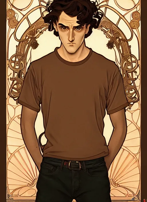 Prompt: art nouveau portrait of a young man with curly light brown hair, brown eyes, serious facial expression, gloomy mood, angry, t - shirt, natural lighting, path traced, highly detailed, high quality, cartoon, digital painting, by don bluth and ross tran and studio ghibli and alphonse mucha