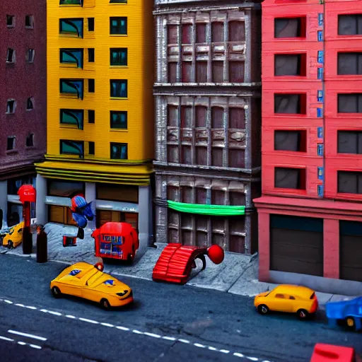 Image similar to ( ( new york ) ) made of kid's toys!!!!, by aaron slim, amazing details, atmospheric, 8 k, aesthetic octane render, street view, warm hue's