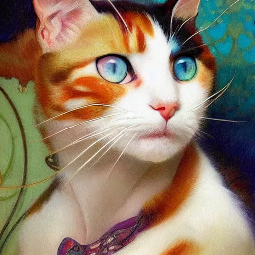 Prompt: portrait of a calico cat!!!!!!, calico cat, animal, cat masterpiece, sakimichan, Ross Tran, (((Alphonse Mucha)))