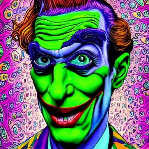 Image similar to an extremely psychedelic portrait of the riddler as the joker, surreal, lsd, face, detailed, intricate, elegant, lithe, highly detailed, digital oth, sharp focus, illustration,