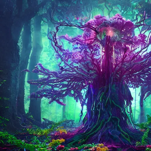 Image similar to a crazy chaotic small psychedelic surreal horror giant made of multicolored psychotropic hybrid of trees flowers, cybernetic beings and magical creatures in the chaotic spirit forest, fulcolor octane reminder, cinematic, ultra - realistic