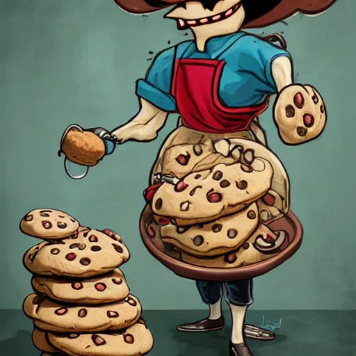 Image similar to evil human cookie cooking a bunch of cookies, in the kitchen, cuphead, painterly, logo, graffiti, elegant, highly detailed, digital art, art by jc leyendecker and sachin teng