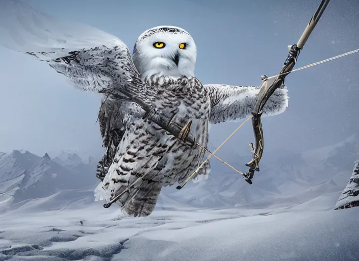 Prompt: an snowy owl ranger carrying a bow and arrow in a vast snowy landscape looking for tracks, hyperdetailed and intricate, 8 k render, indie game concept art