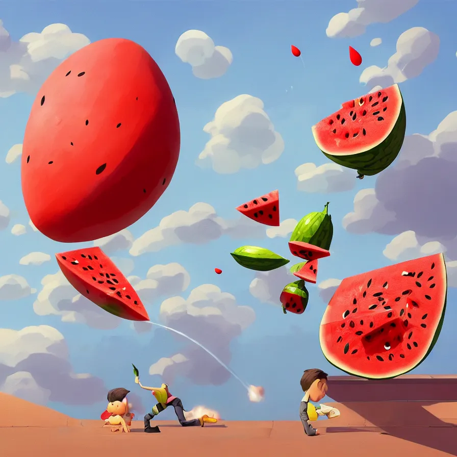 Image similar to Goro Fujita illustrating a rocket in the form of watermelon hitting the Red Square, art by Goro Fujita, sharp focus, highly detailed, ArtStation