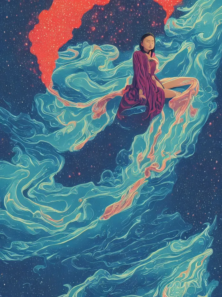 Image similar to a closeup hyperrealistic portrait of a young siberian woman with intricate details, floating in space and dreaming psychedelic hallucinations in the vast icy landscape of antarctica, volcano lava drips in antigravity of the cosmos by kawase hasui, moebius and edward hopper, colorful flat surreal design, hd, 8 k, artstation