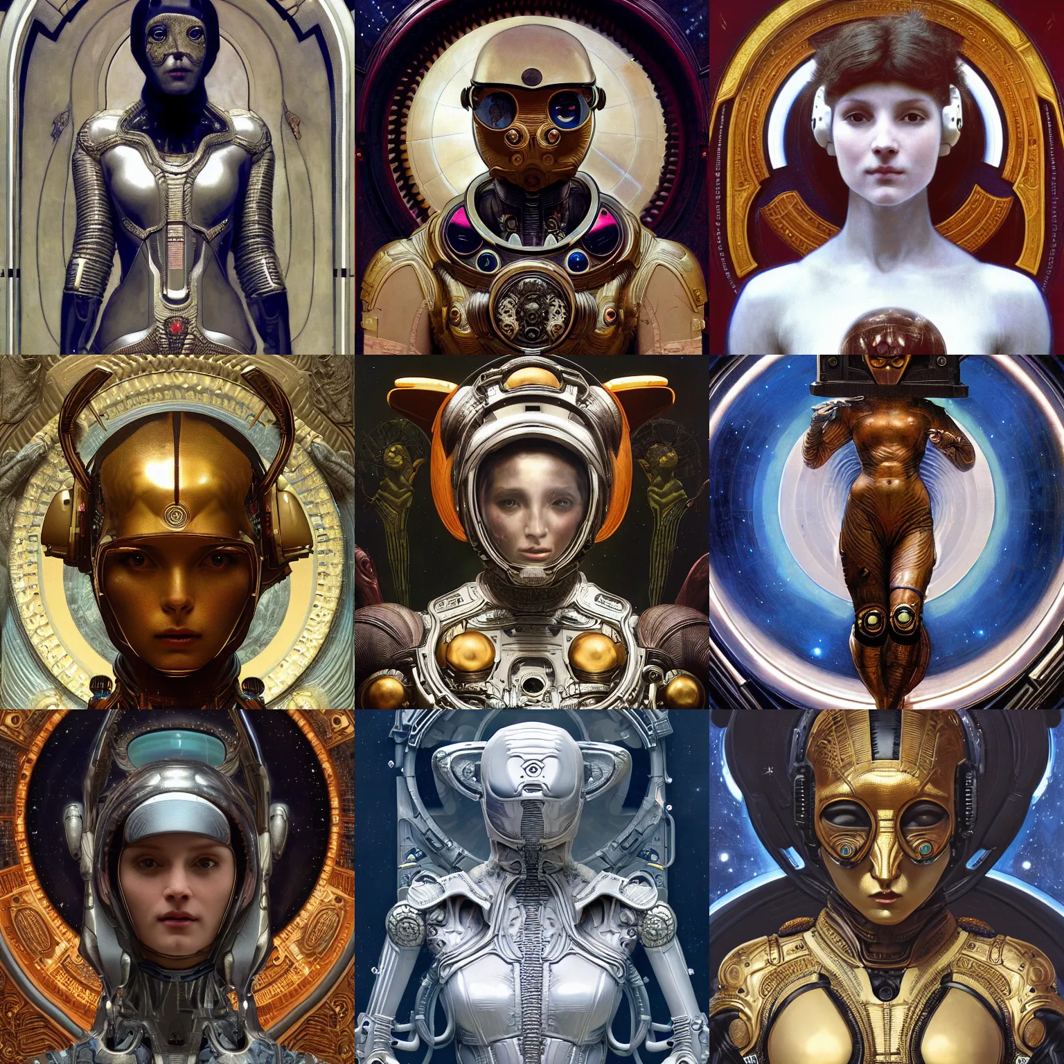 Prompt: sci-fi alien with animal features wearing an ornate spacesuit intricate portrait by john william waterhouse and Edwin Longsden Long and Theodore Ralli and William-Adolphe Bouguereau, very coherent symmetrical artwork. Cinematic, hyper realism, high detail 8k