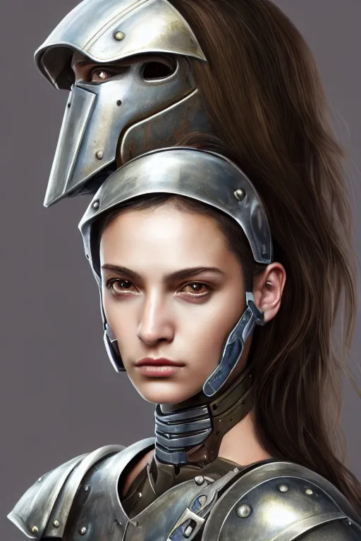 Image similar to a photorealistic painted portrait of an attractive young girl, partially clothed in dull metal-plated battle armor, olive skin, long dark hair, flawless skin, beautiful bone structure, symmetric facial features, perfect photorealistic eyes, natural physique, intricate, elegant, digital painting, concept art, finely detailed, beautifully illustrated, sharp focus, minimal artifacts, from Metal Gear, by Ruan Jia and Mandy Jurgens and Artgerm, in the style of Greg Rutkowski, trending on Artstation, award winning art