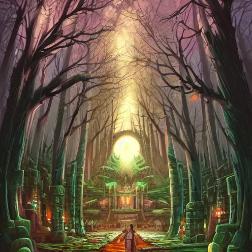 Prompt: street view of gigantic forest temple city at night by cyril rolando and naomi okubo and dan mumford and ricardo bofill