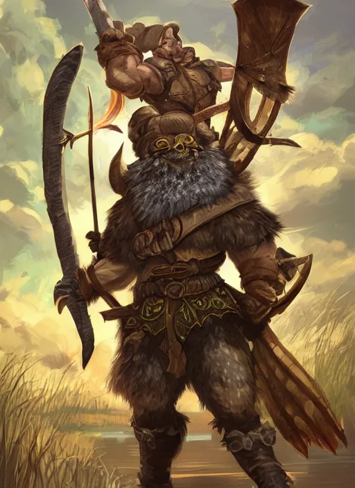 Image similar to strong young man, photorealistic bugbear ranger, black beard, dungeons and dragons, pathfinder, roleplaying game art, hunters gear, flaming sword, jeweled ornate leather armour, concept art, character design on white background, by studio ghibli, makoto shinkai, kim jung giu, poster art, game art