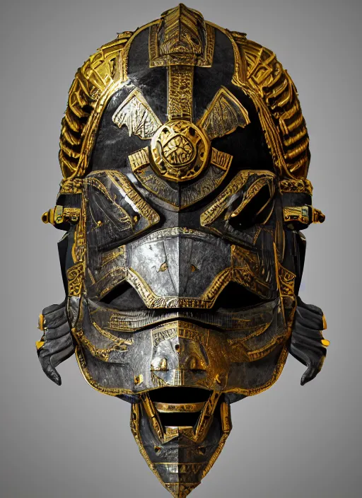 Prompt: concept art of ancient soldier wearing an armoured facemask, with intricate carving details in black and gold, ultra realistic, octane render, 8 k, hd, realistic lighting