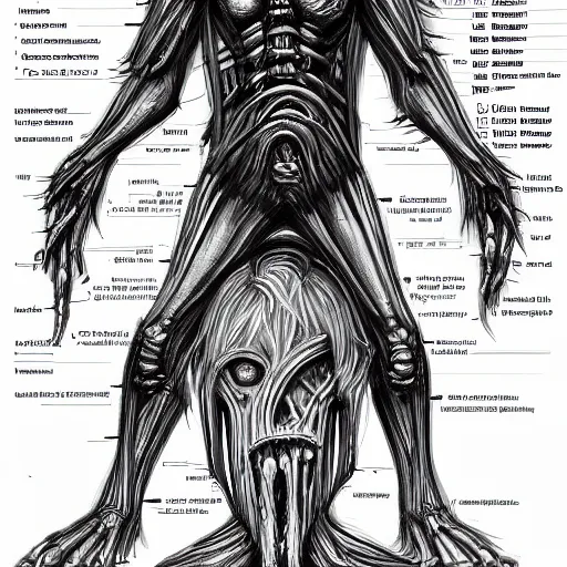 Prompt: human inspired by HR Giger, Character Sheet