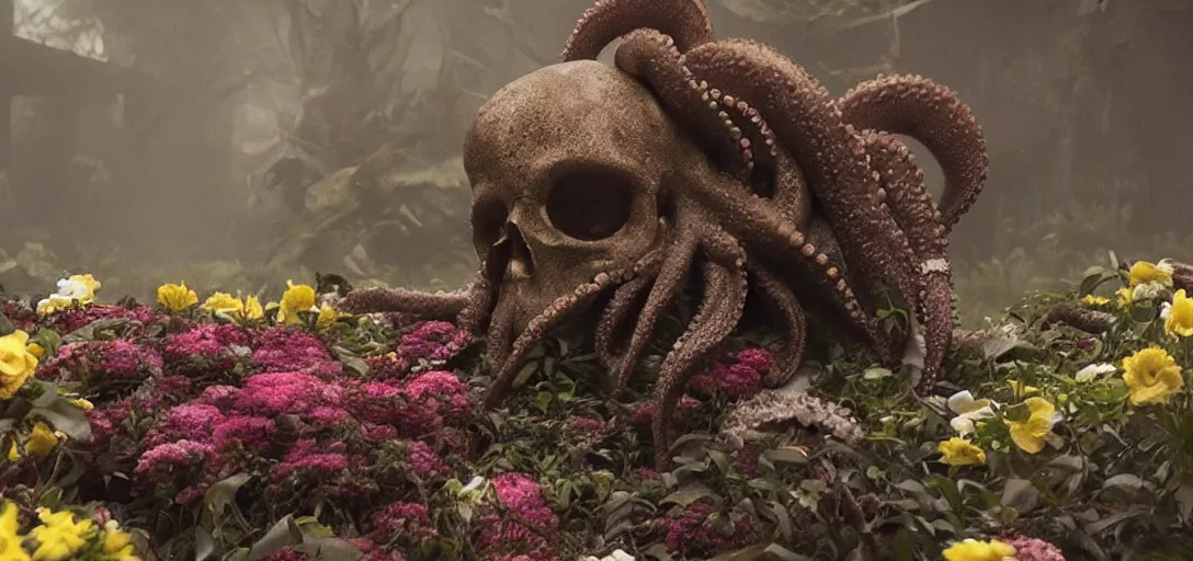 Prompt: an octopus in the shape of a skull surrounded by flowers at midnight, high foggy!, cinematic shot, photo still from movie by denis villeneuve, wayne barlowe