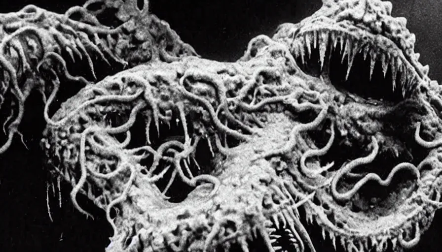 Image similar to big budget horror movie about a giant amoeba with sharp fangs and tentacles, attacking the biochemist that created it