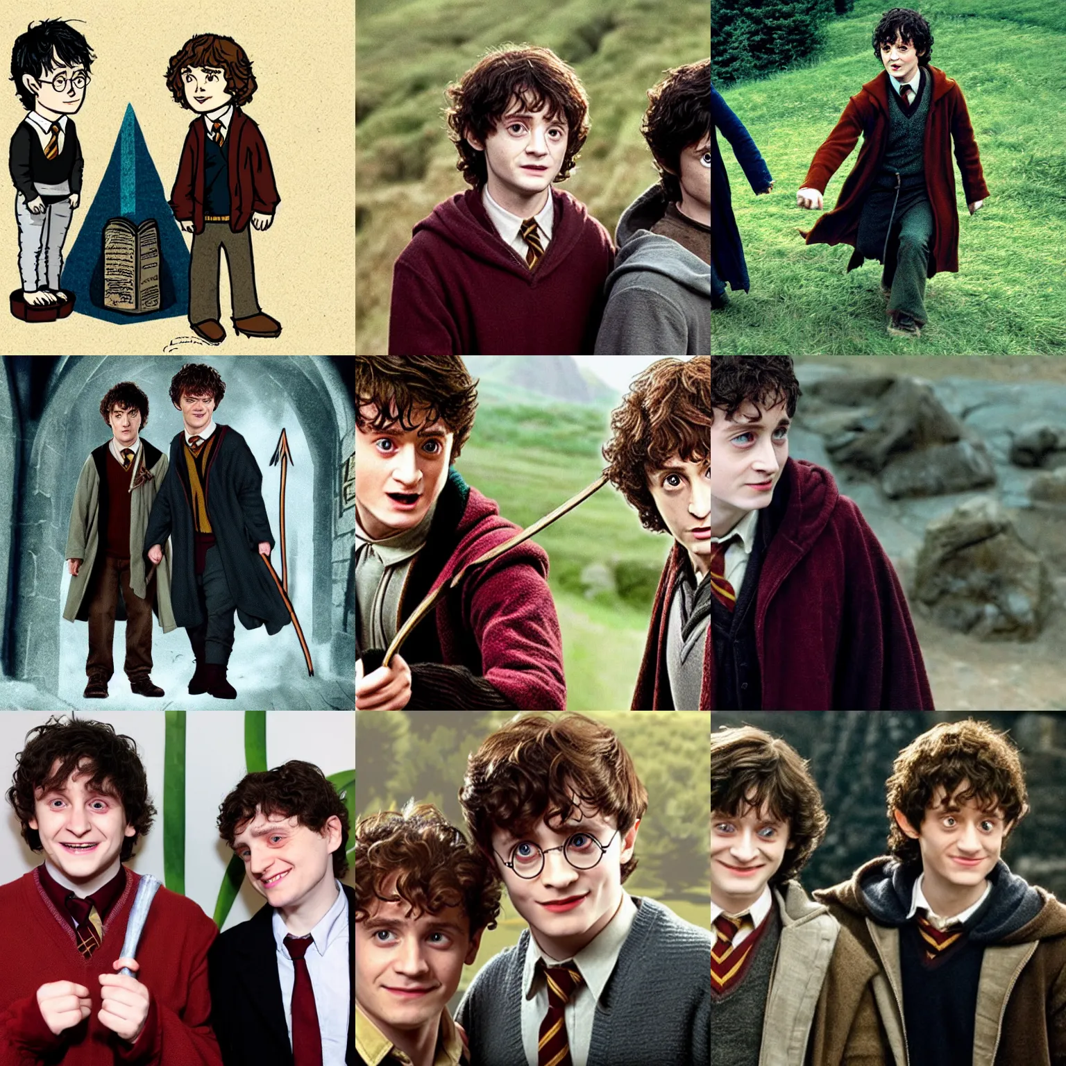 Prompt: Harry Potter and Frodo fuses together to become single person