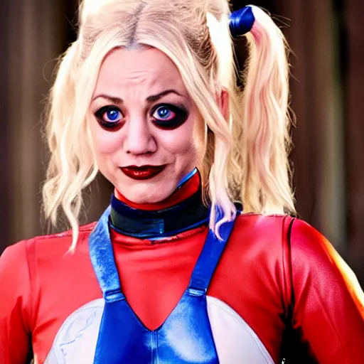 Image similar to A still of Kaley Cuoco as Harley Quinn