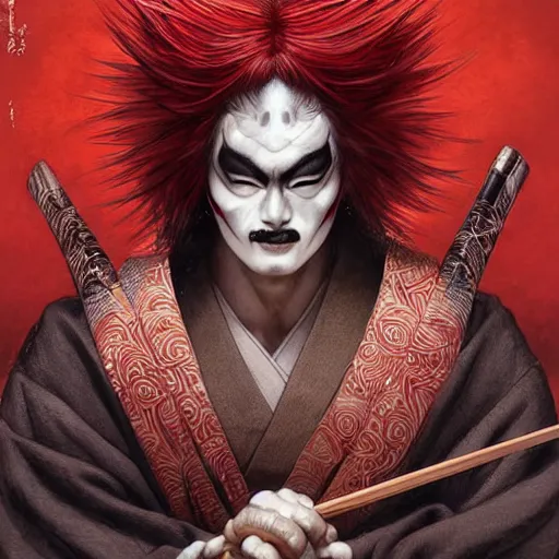 Prompt: an epic portrait of insane kabuki male wielding a spear, magical aura of insanity, intricate hakama, poofy red wig, eerie, highly detailed, dark fantasy, art by artgerm and greg rutkowski