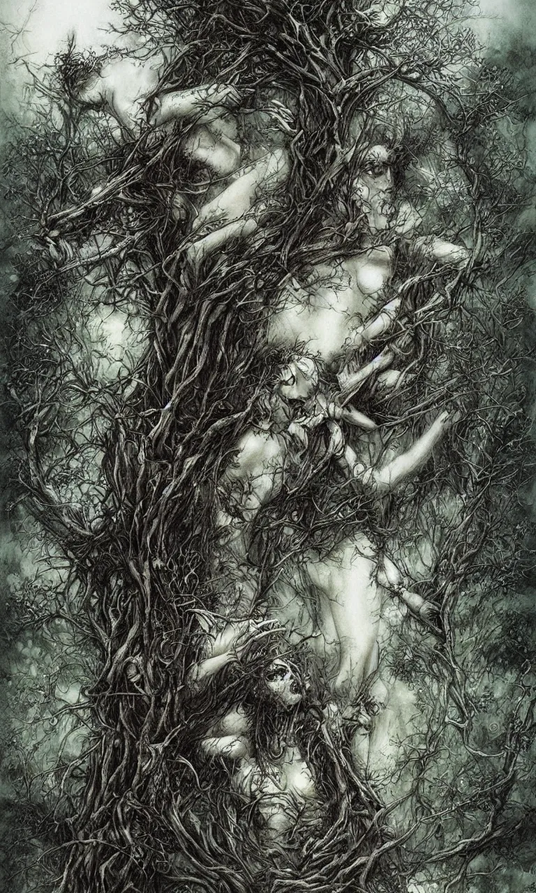 Prompt: life and death mixing together rosses, trees, grass, by luis royo