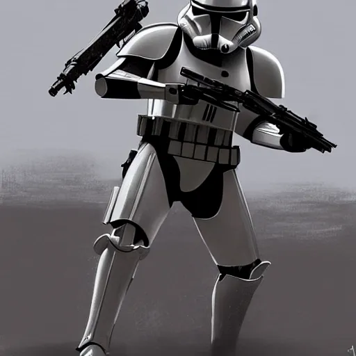 Image similar to an extremely long shot of an imperial stormtrooper in battle position ready to shoot his blaster concept art by Doug Chiang cinematic, realistic painting, high definition, very detailed, extremely high detail, photo realistic, concept art, the Mandalorian concept art style