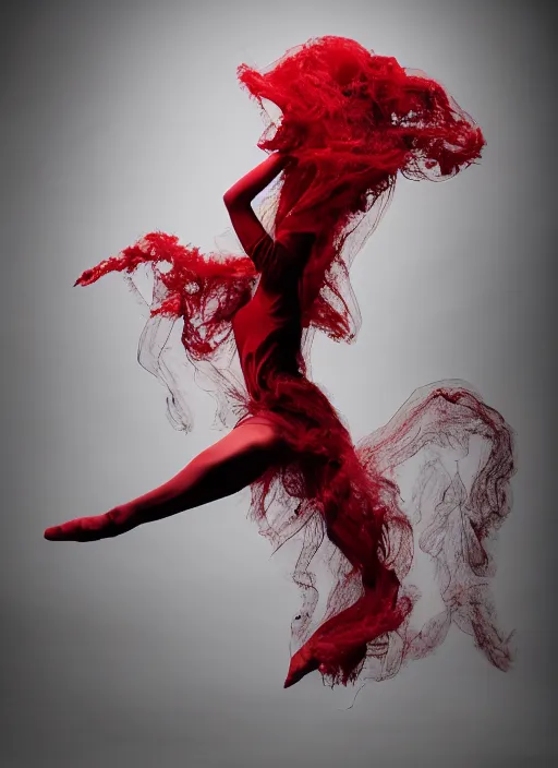 Image similar to a Photorealistic dramatic hyperrealistic render of a glamorous beautiful Lovecraftian monster smoke dancer wearing red by Ken Brower and Deborah Ory of NYC Dance project,Lois Greenfield,Flowing cloth and smoke,Beautiful dynamic dramatic dark moody lighting,volumetric,shadows,cinematic atmosphere,Octane render,8K