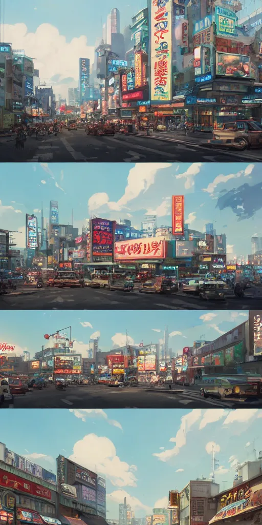 Image similar to A highly detailed matte painting of Buildings with Billboards and neonsigns by Studio Ghibli, Makoto Shinkai, by Artgerm, by WLOP, by Greg Rutkowski, volumetric lighting, octane render, 4K resolution, trending on artstation, masterpiece