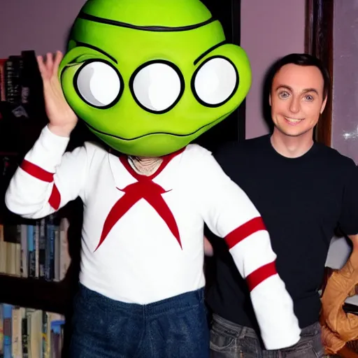 Prompt: paul the alien with sheldon cooper