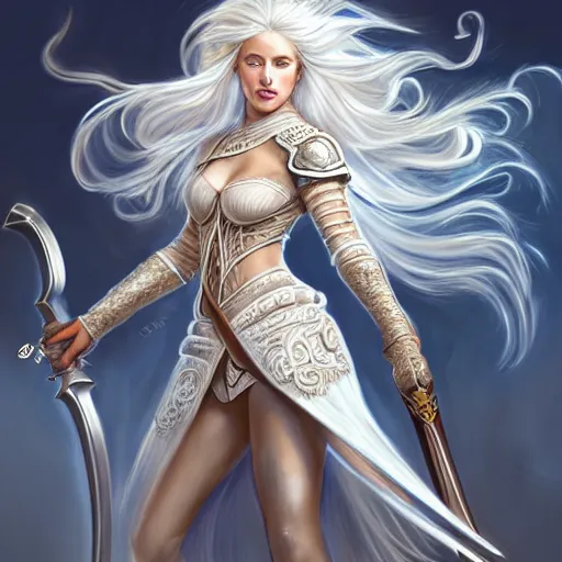 Image similar to full body painting of a woman with flowing luscious glowing white hair standing whilst holding a sword, wearing intricate plate - armor and leather underneath. intricate, elegant, highly detailed, digital painting, artstation, concept art, smooth, sharp focus, illustration, by terry wei, qiu fang, tooth wu, kan liu, siwoo kim, jisu choe