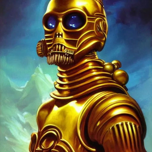 Image similar to ultra realistic portrait painting of skeletor as c 3 po, art by frank frazetta, 4 k, ultra realistic, highly detailed, epic lighting