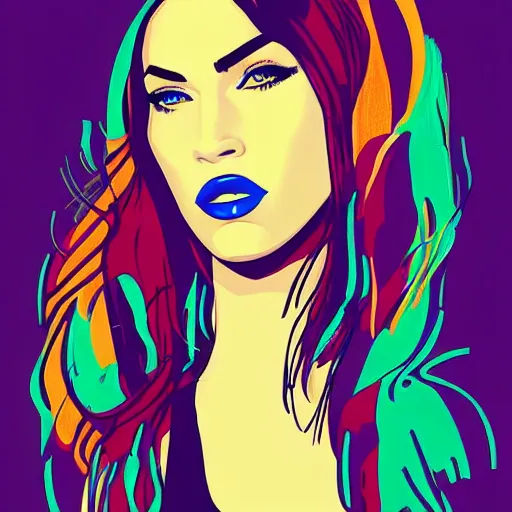 Prompt: megan fox colorful portrait by mallory heyer, graphic design, flat color and line, sketch, minimalistic, procreate, digital illustration, vector illustration, doodle, pop, graphic, street art, editorial