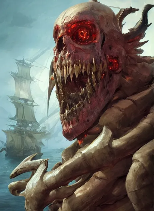 Image similar to a professional digital painting of a monster pirate with many jaws, beautiful bone structure, symmetrical facial features, intricate, elegant, concept art, sharp detail, focused, illustration, smooth render, art style by Ruan Jia and Mandy Jurgens and Ian Spriggs and William-Adolphe Bouguerea