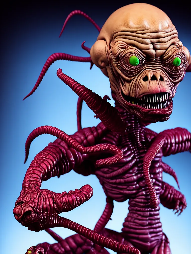 Image similar to hyperrealistic rendering fat smooth of john carpenter's they live alien by bernie wrightson and killian eng and joe fenton, product photography, action figure, sofubi, studio lighting, colored gels, colored background