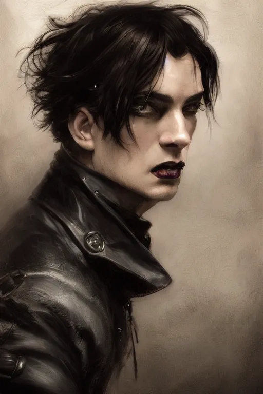 Image similar to a handsome man, short white hair, goth, intricate, elegant, dramatic lighting, gorgeous face, black leather jacket, highly detailed, lifelike, photorealistic, digital painting, artstation, illustration, concept art, smooth, sharp focus, art by John Collier and Albert Aublet and Krenz Cushart and Artem Demura and Alphonse Mucha
