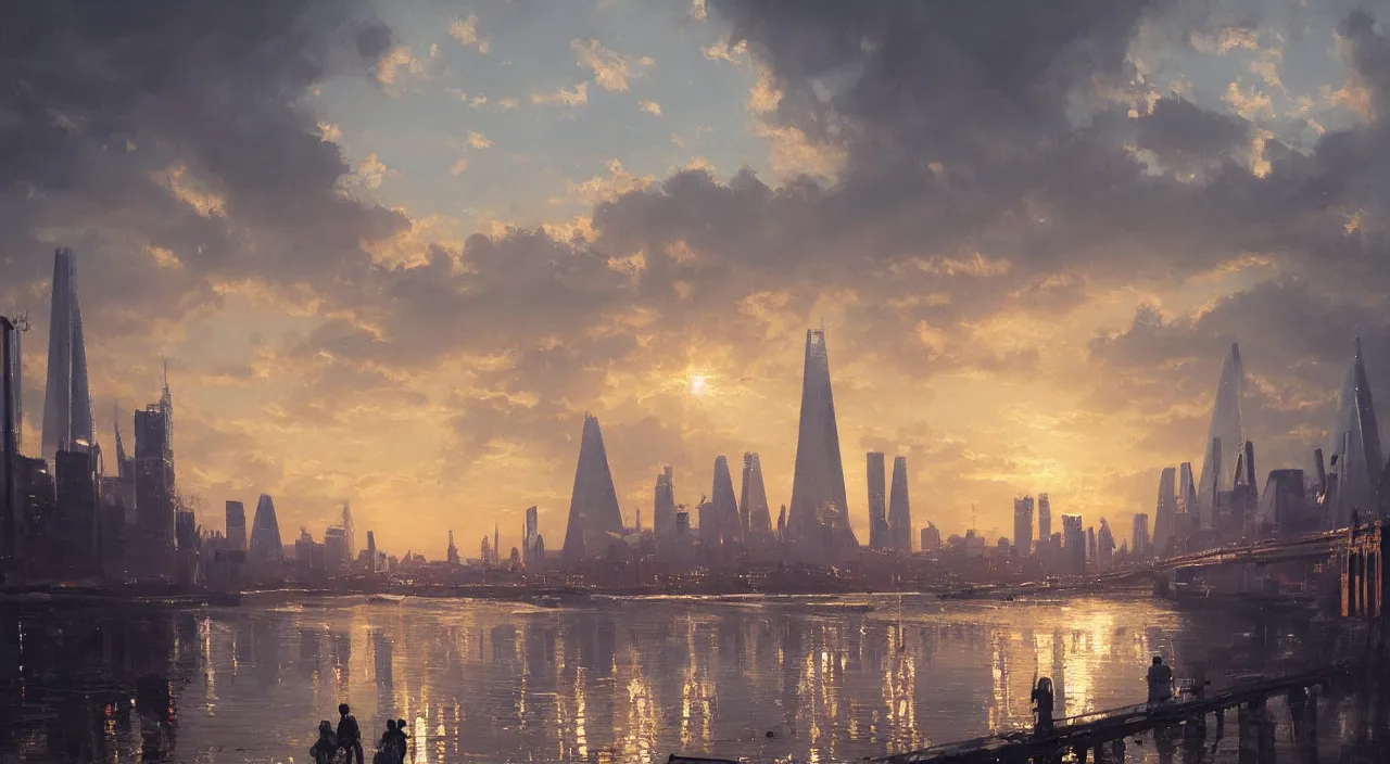 Prompt: oil painting of london skyline at sunset, natural light, concept art, by greg rutkowski, cozy atmospheric and cinematic lighting