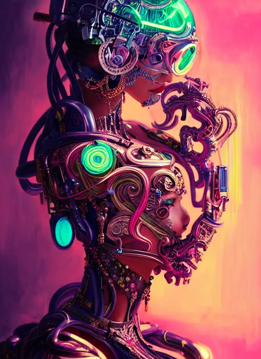 Prompt: neon cyborg, Neo Rococo Expressionist, Maximalism, orientalism, diffuse lighting, fantasy, intricate, elegant, highly detailed, lifelike, photorealistic, digital painting, artstation, illustration, concept art, smooth, sharp focus, art by John Collier and Albert Aublet and Krenz Cushart and Artem Demura and Alphonse Mucha