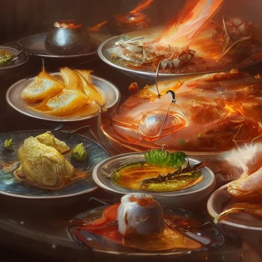 Image similar to A close up shot of a table-spread of amazing food hot and fresh and steaming, ultra high detailed, oil painting, Greg Rutkowski, Charlie Bowater, Yuumei, Yanjun Cheng, unreal 5, DAZ, hyperrealistic, octane render, RPG portrait, dynamic lighting, fantasy art, beautiful