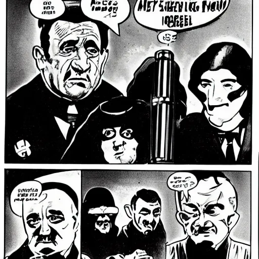 Prompt: comic book of angry jews with lightsabers and adolf hitler accurate eyes high detail