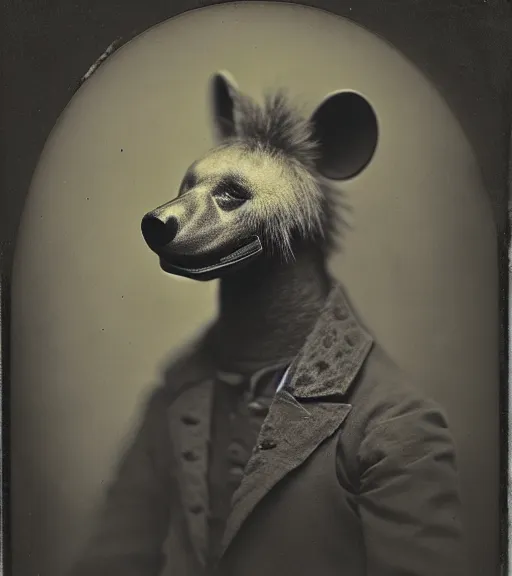 Prompt: professional studio photo portrait of anthro anthropomorphic spotted hyena head animal person fursona wearing clothes by Louis Daguerre daguerreotype