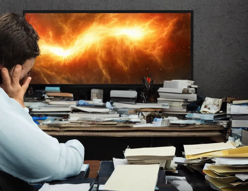 Image similar to a high resolution photo of a sad man in a messy office room watching the collapse of the entire universe live stream on a vintage computer screen, storm, fire, earthquake, debris,