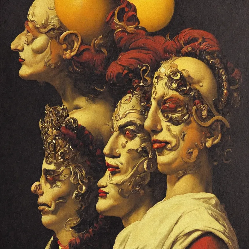 Prompt: a baroque neoclassicist close - up portrait of an jesters depicting the sun and moon, venetian carnival masks. head, face and shoulders, foggy background. renaissance portrait painting. highly detailed science fiction painting by norman rockwell, frank frazetta, and syd mead. rich colors, high contrast, gloomy atmosphere, dark background. trending on artstation.