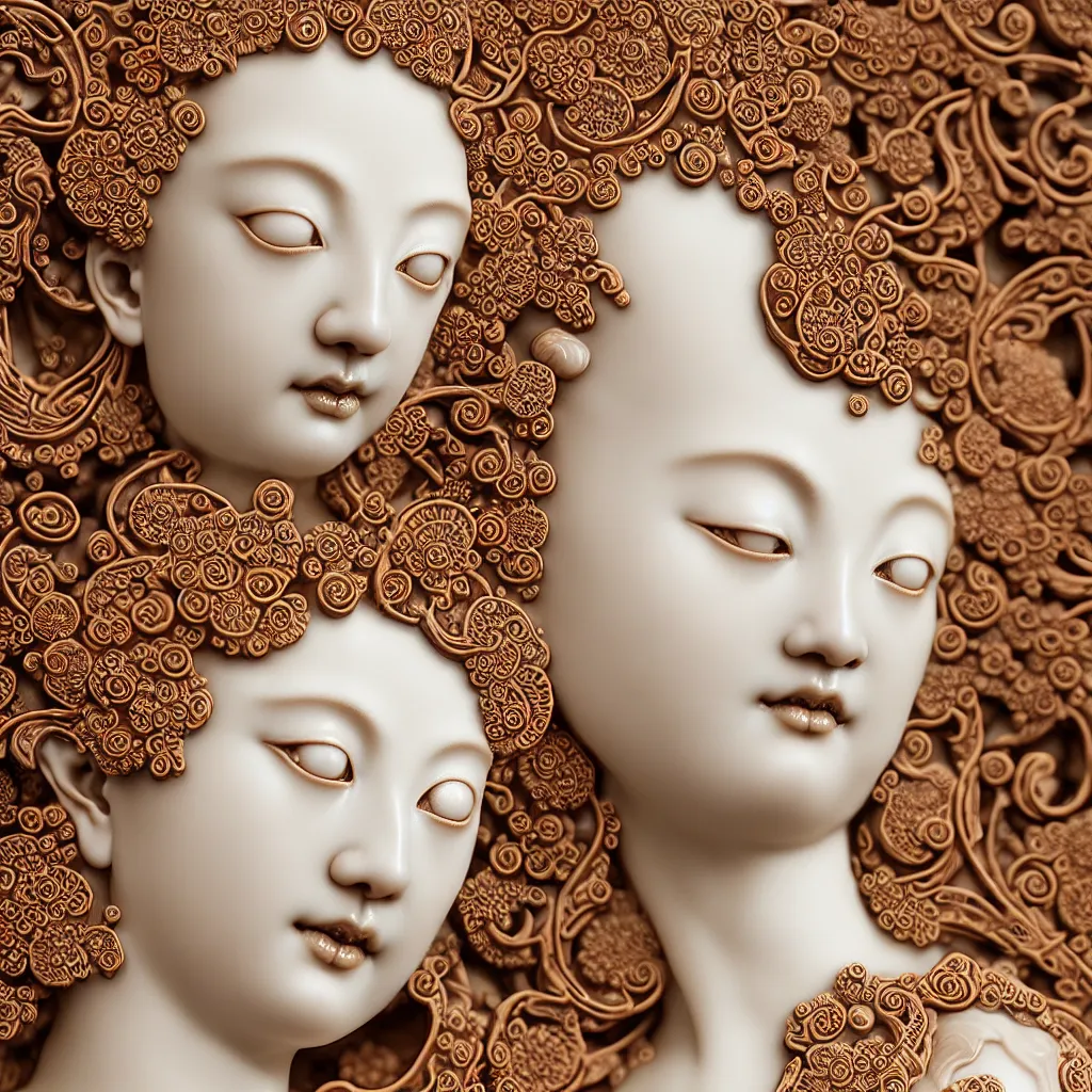 Prompt: The Goddess of Beauty, A Close up photo-real delicate ceramic porcelain sculpture of a symmetrical ornate detailed in front of an intricate background by Victo Ngai and takato yamamoto, micro detail, backlit lighting, face in focus, subsurface scattering, translucent, thin porcelain, octane renderer, colorful, physically based rendering, japanese pottery, trending on cgsociety