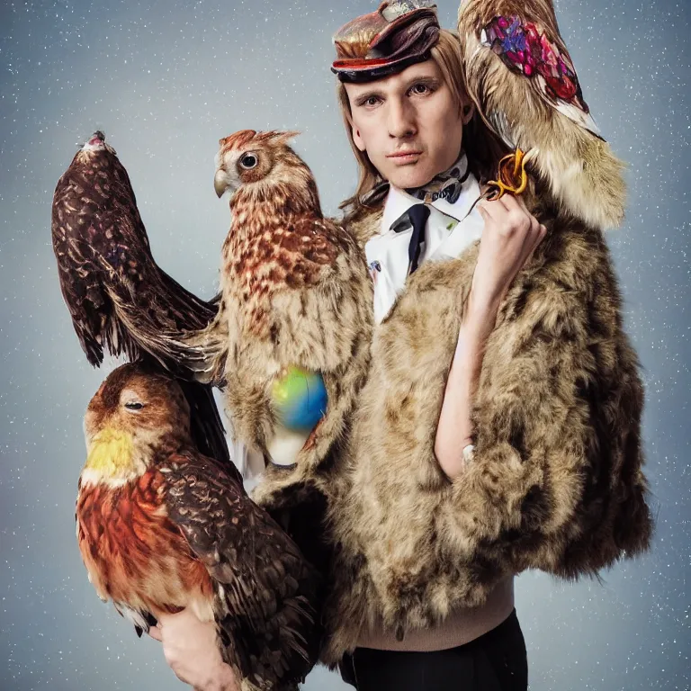 Image similar to high fashion photoshoot octane render portrait by wayne barlow and carlo crivelli and glenn fabry, an actor wearing a colorful wes anderson designed uniform and holding a snow owl inside a high - end exotic colorful pastel vintage boutique hotel lounge, very short depth of field, bokeh