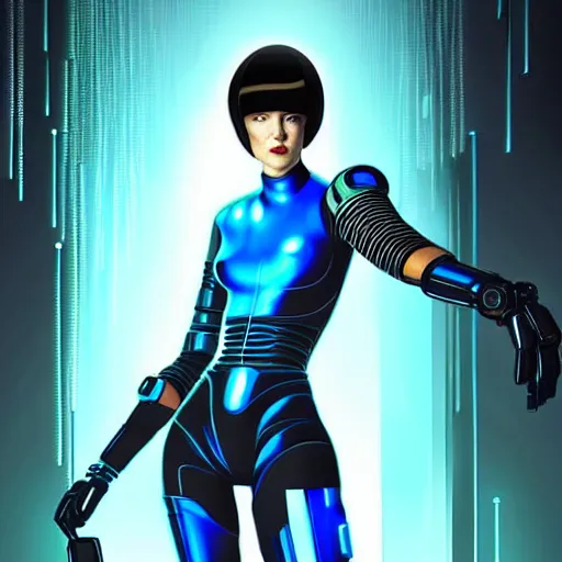 Image similar to full body shot, woman in futuristic combat costume with dark bobcut haircut with friendly blue eyes and slim features looking askance, cyberpunk bionics, retro - futurist style, intricate, elegant gleaming jewelry, angelic halo, highly detailed, digital painting, artstation, concept art, smooth, sharp focus, illustration, art by wlop, mars ravelo and greg rutkowski