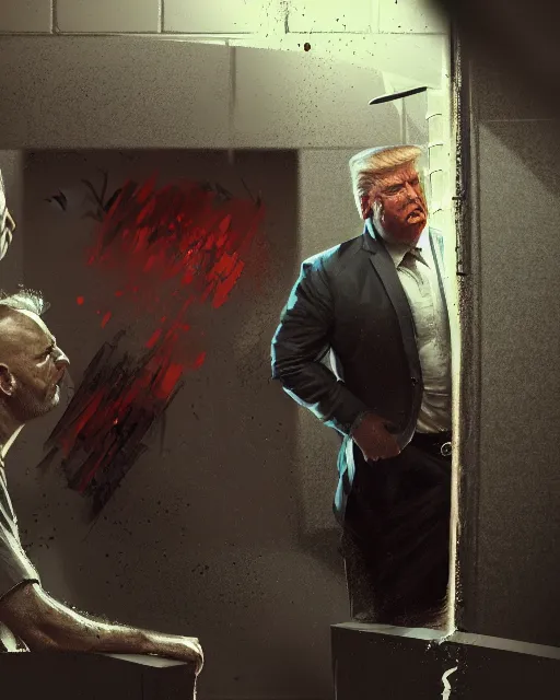 Prompt: closeup portrait of Alex Jones wearing prison clothes and Donald trump wearing prison clothes sitting in prison jail cell behind bars, Greg rutkowski , craig mullins, vibrant color, cinematográfica, digital Art, trending on artstation, octane