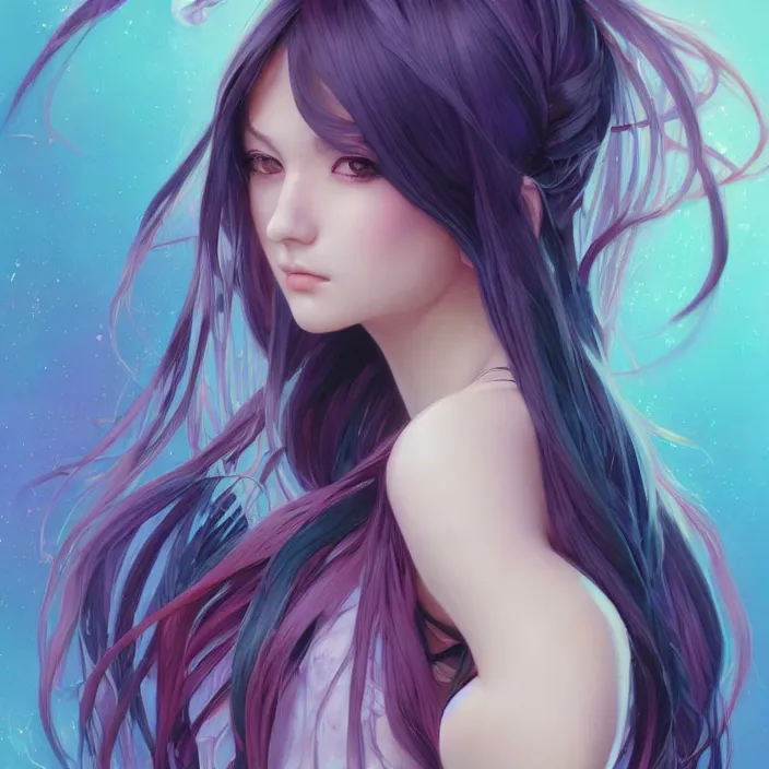 Image similar to portrait of beautiful symmetrical anime girl, rainbow hair, attractive, casual, modern, victoria's secret, highly detailed, digital painting, artstation, concept art, smooth, sharp focus, illustration, art by artgerm, greg rutkowski and alphonse mucha, 8 k,