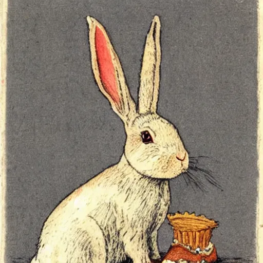 Prompt: a rabbit wearing a crown, in the style of carl larsson