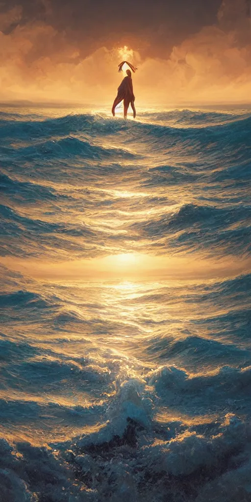 Image similar to symmetry!! waves washed on the shore, sea, sand, surreal, dream, golden hour, perfect lighting, perfect composition, 4 k, artgerm, derek zabrocki, greg rutkowski